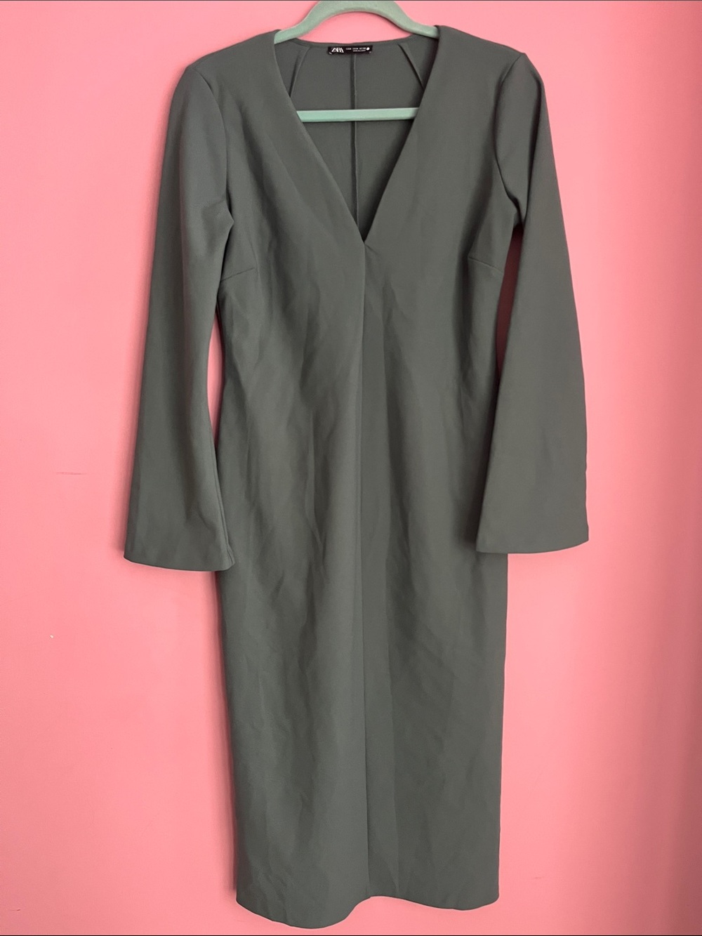 Zara Olive Green Flared Sleeve Lagenlook V-Neck Midi Dress
